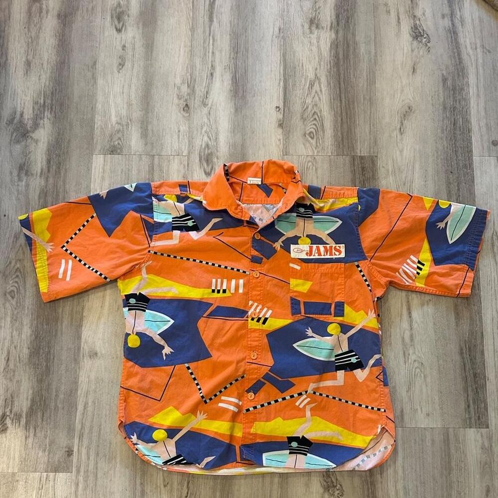 Jams World Men's Rare Multicolor Print Short Sleeve Button-Up Shirt L Vtg jams